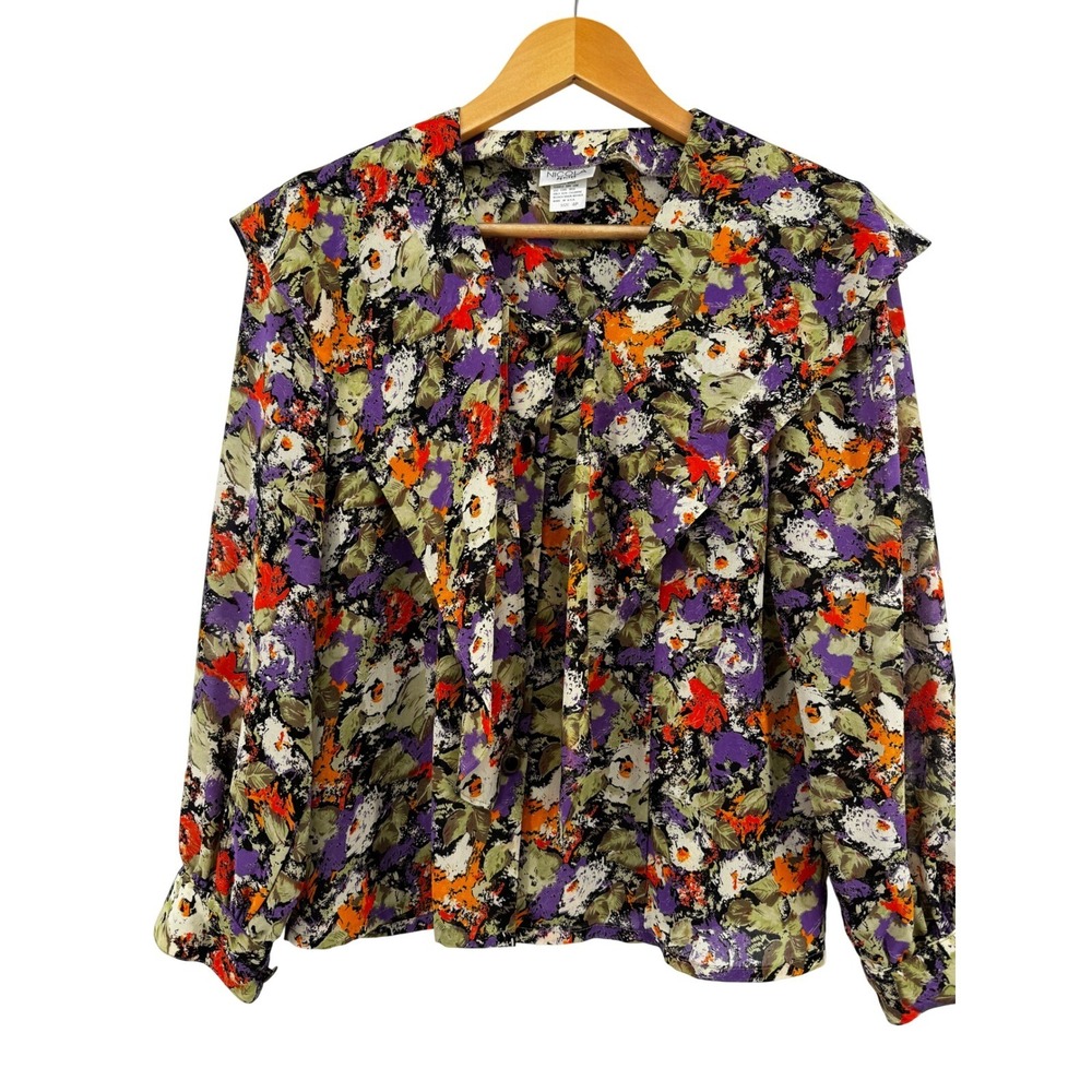 Nicola Vintage Floral Bow Tie Blouse Purple Orange Abstract 4P Top USA Chic